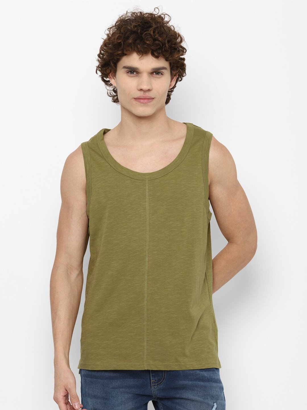 

FOREVER 21 Men Olive Green Sleeveless Pure Cotton T-shirt
