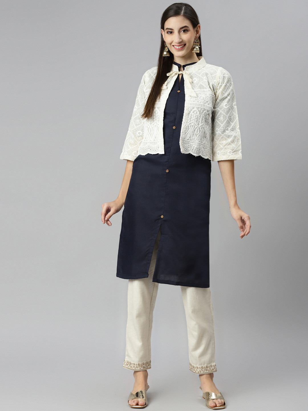 

Aarika Women Navy Blue & Off-White Pure Cotton Solid Kurta & Trousers with Jacket