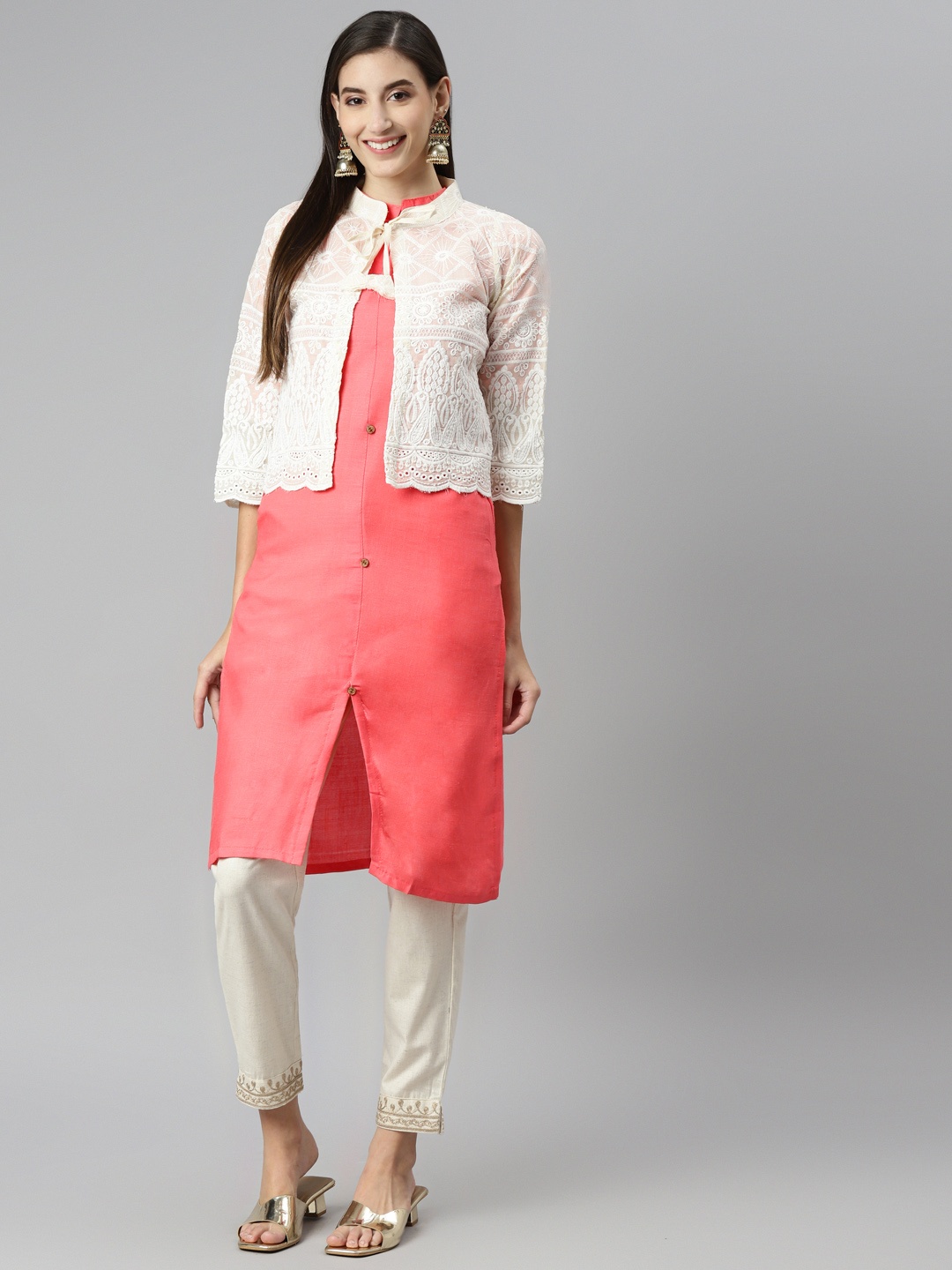 

Aarika Women Coral & Off-White Pure Cotton Solid Kurta & Trousers with Jacket
