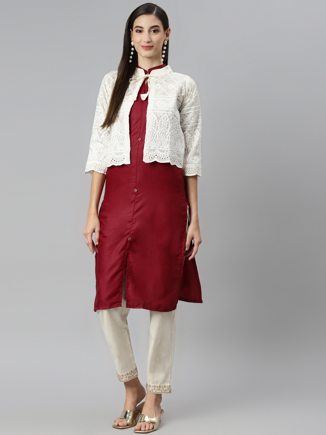 

Aarika Women Maroon & Off-White Pure Cotton Solid Kurta & Trousers with Jacket