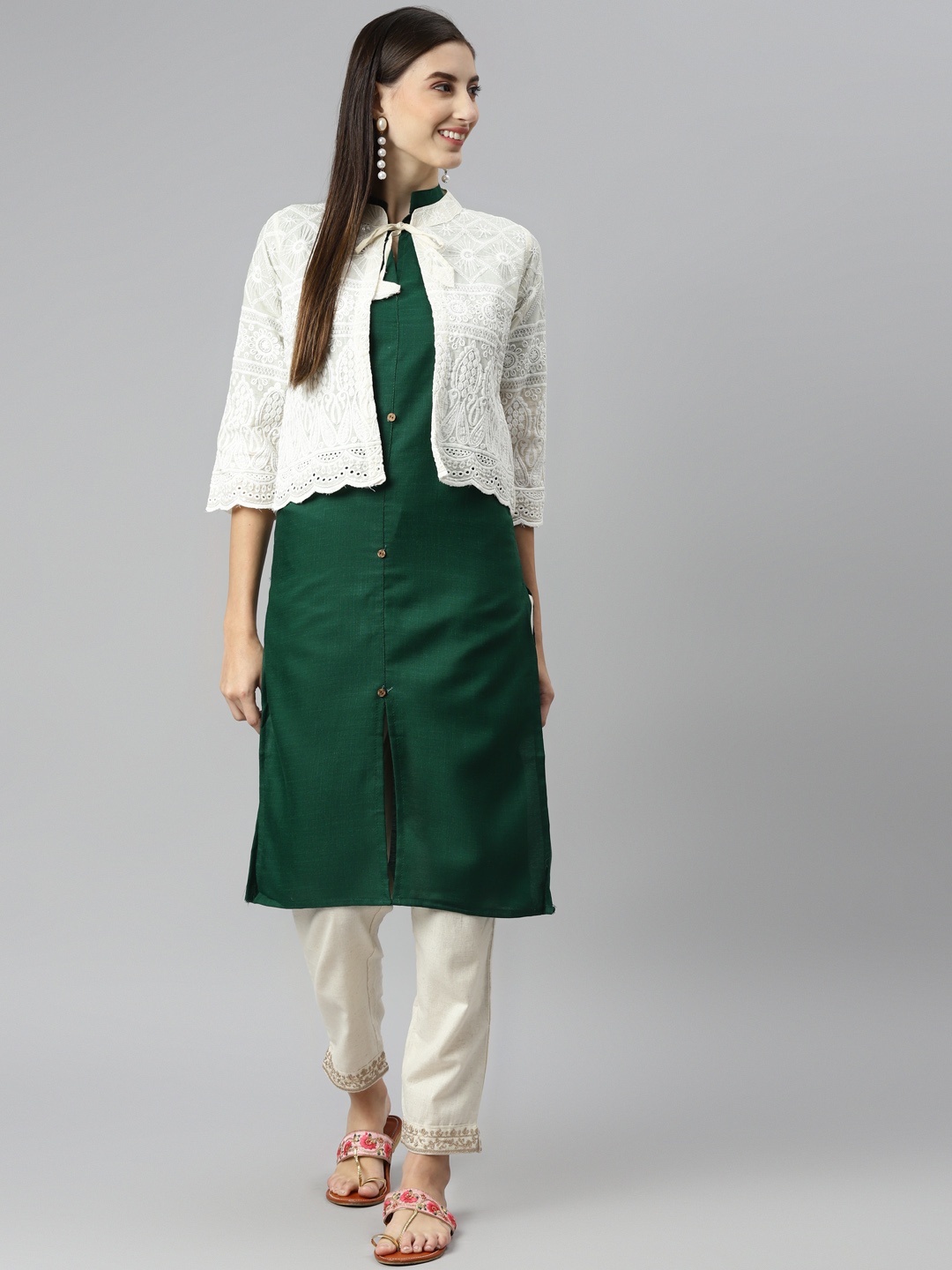 

Aarika Women Green & Off-White Pure Cotton Solid Kurta & Trousers with Jacket