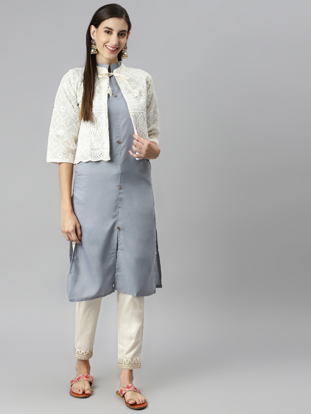 

Aarika Women Grey & Off-White Pure Cotton Solid Kurta & Trousers with Jacket