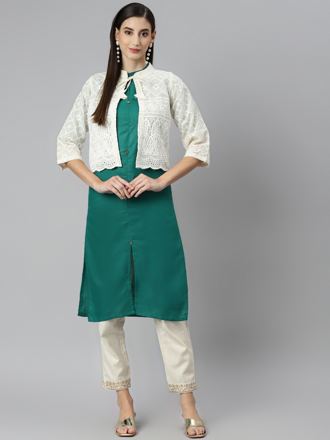 

Aarika Women Teal Green & Off-White Pure Cotton Solid Kurta & Trousers with Jacket