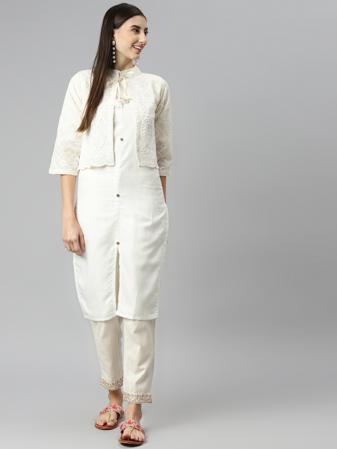 

Aarika Women White & Off-White Pure Cotton Solid Kurta & Trousers with Jacket