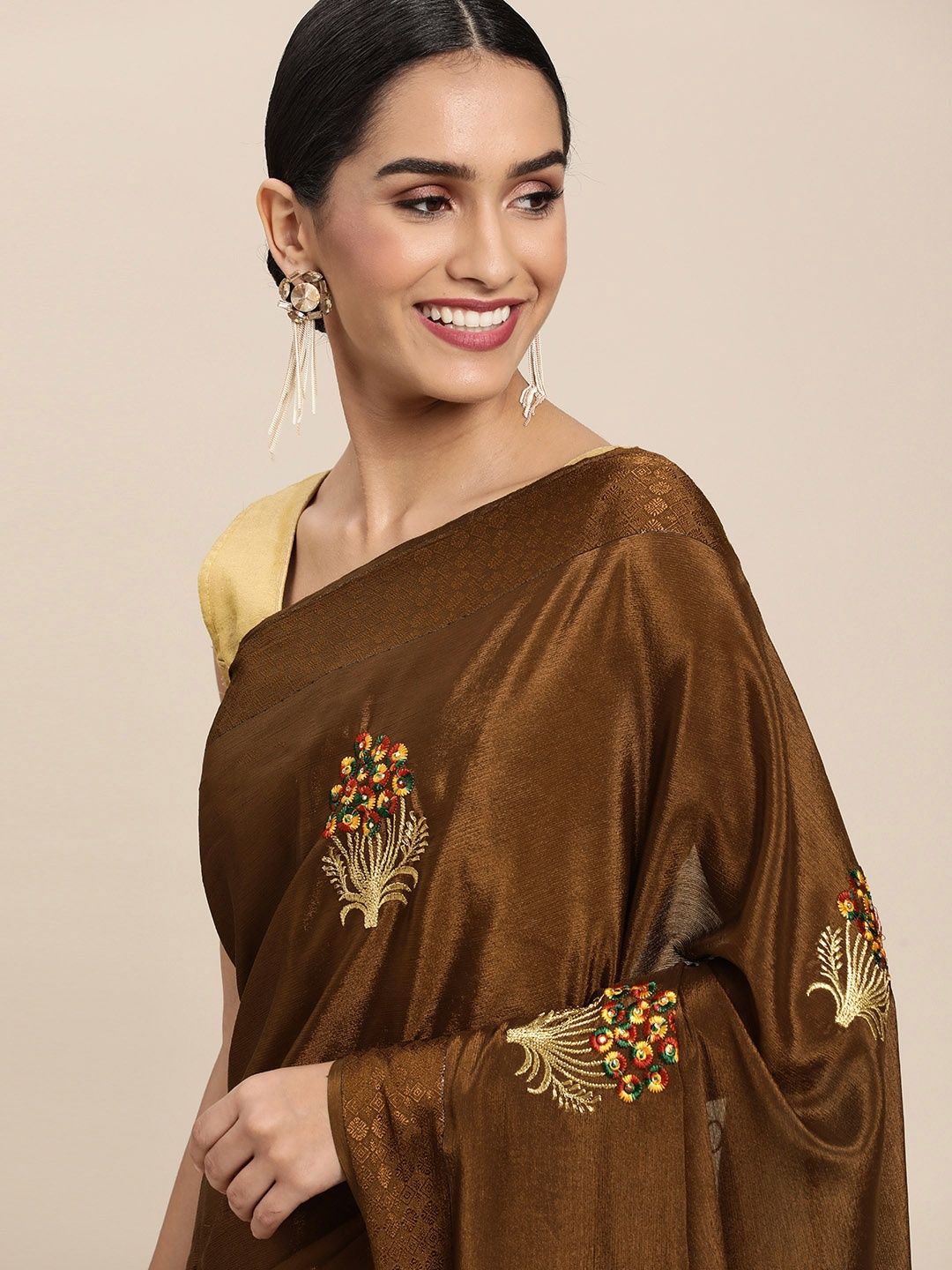 

Shaily Brown Pure Chiffon Floral Embroidered Saree