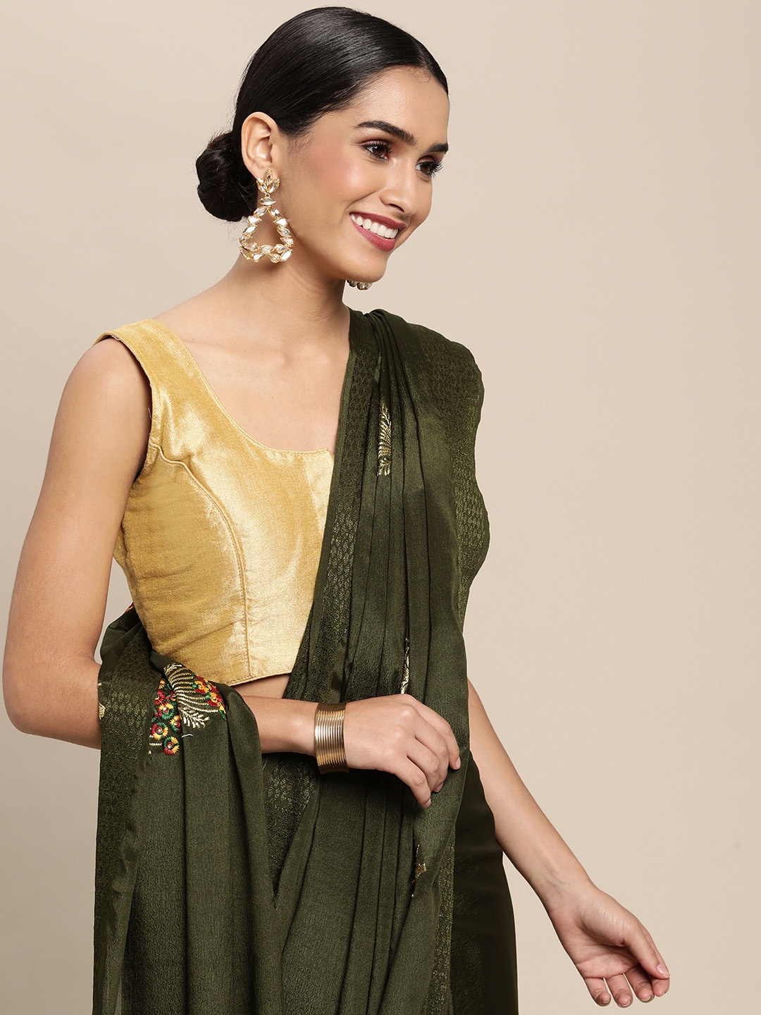 

Shaily Olive Green Pure Chiffon Floral Embroidered Saree