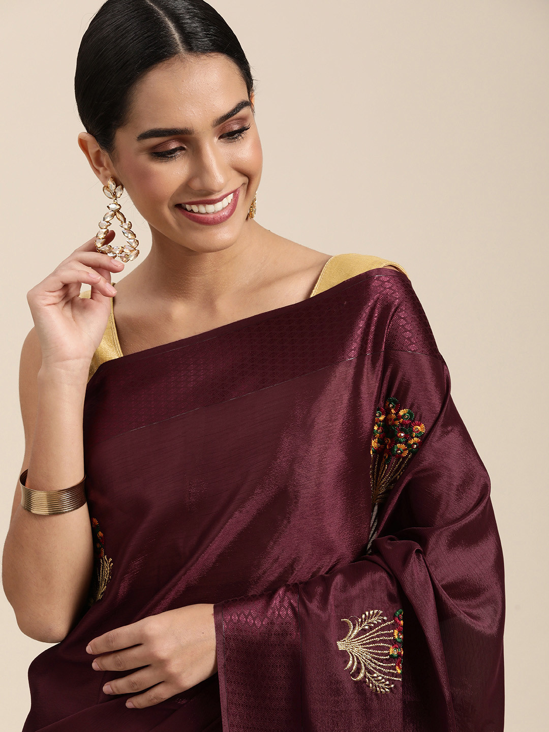 

Shaily Maroon Pure Chiffon Floral Embroidered Saree