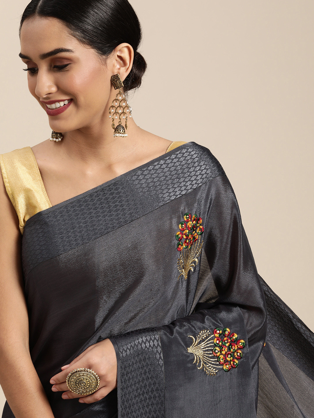 

Shaily Charcoal Grey Pure Chiffon Floral Embroidered Saree