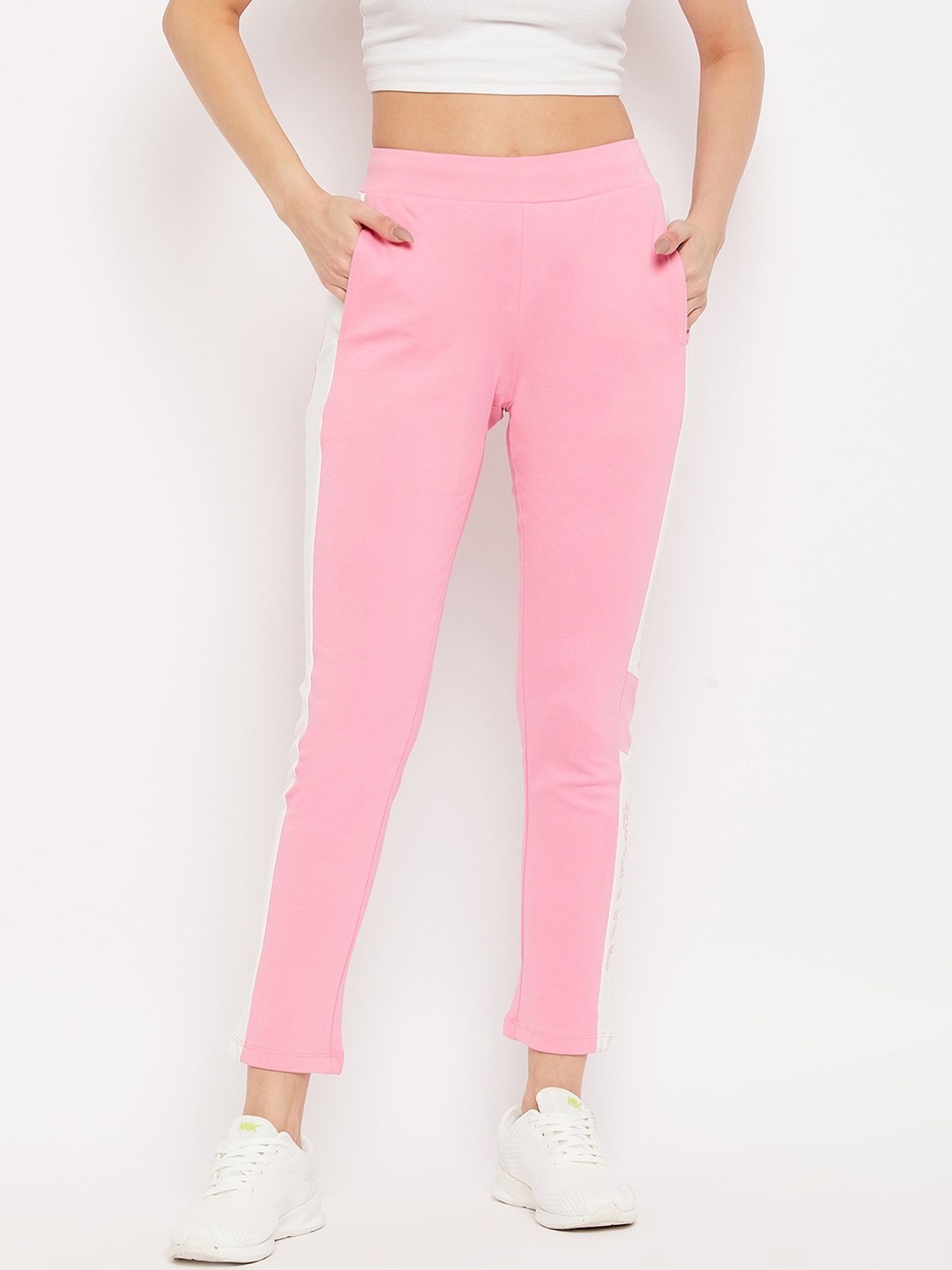 

Madame Women Pink & White Solid Cotton Track Pants With Side Panel Detail