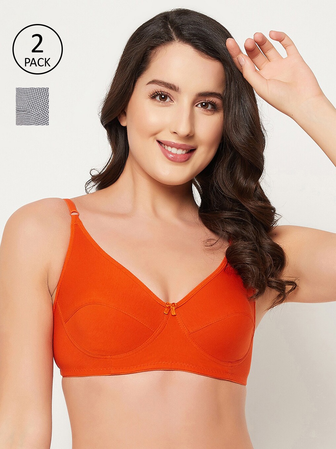 Clovia Pack of 2 Orange & Grey Full Coverage Knitted Everyday Bra