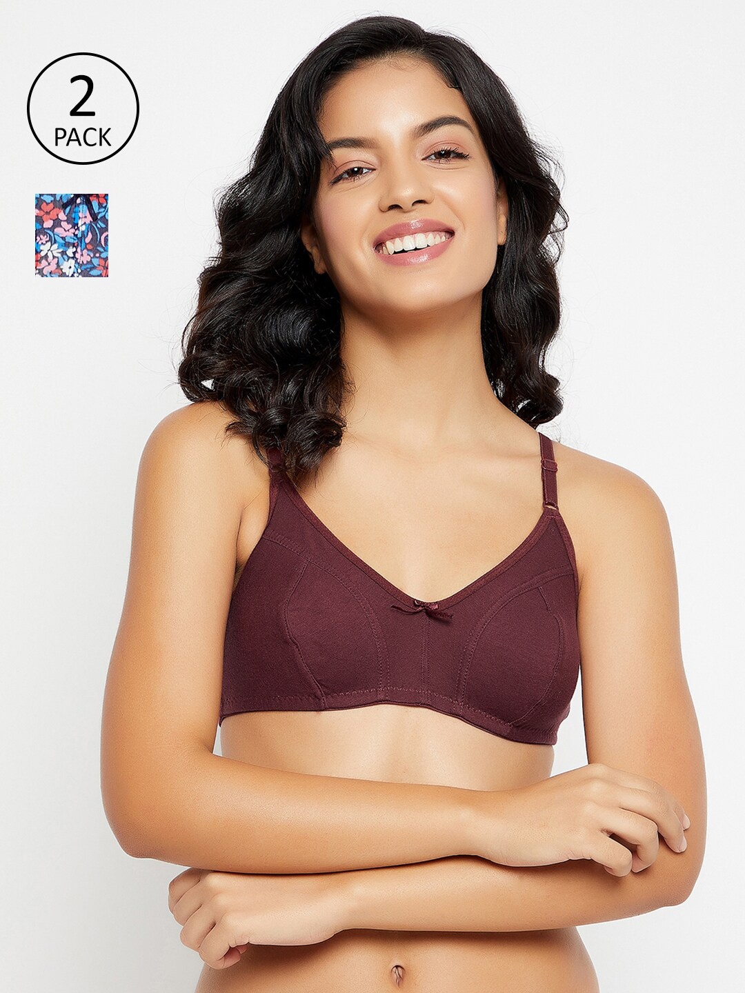 

Clovia Pack of 2 Brown & Multicoloured FloralCotton Knitted Bra