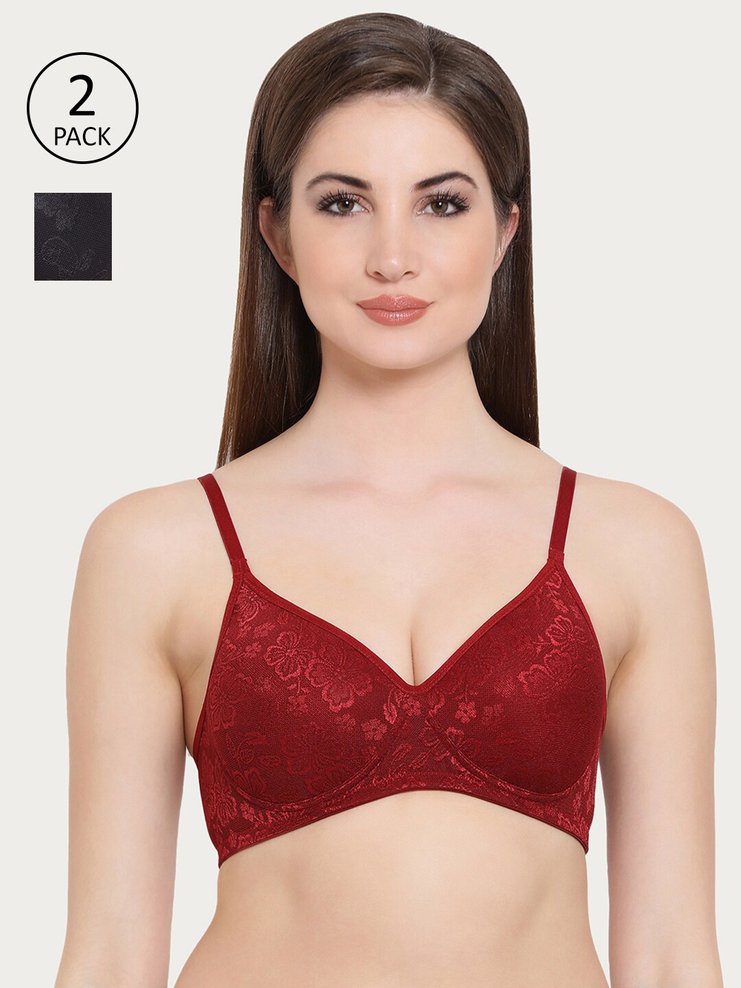 

Clovia Black & Maroon Floral Bra Lightly Padded