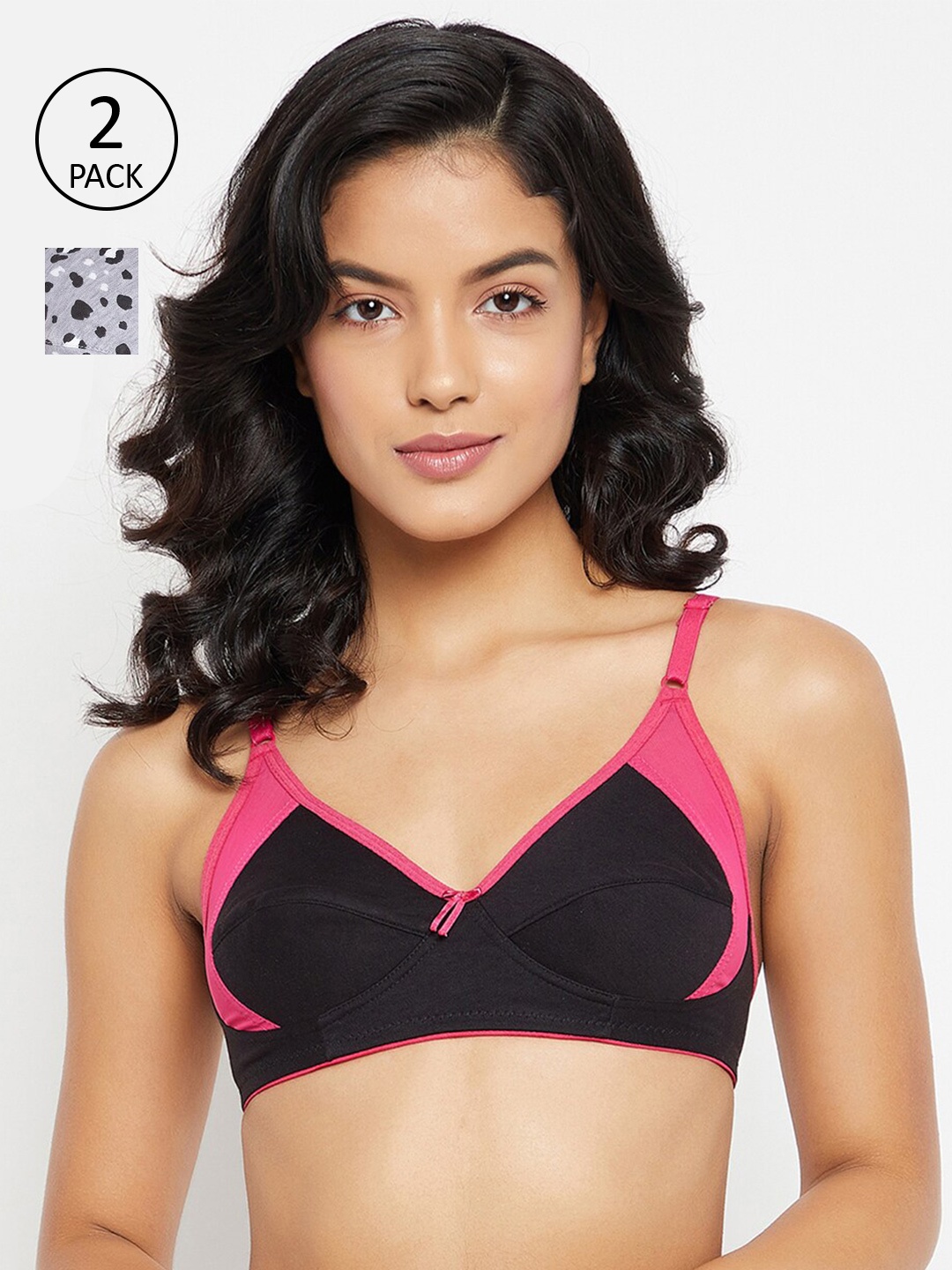 

Clovia Pack of 2 Pink & Black All Day Comfort Cotton Bra