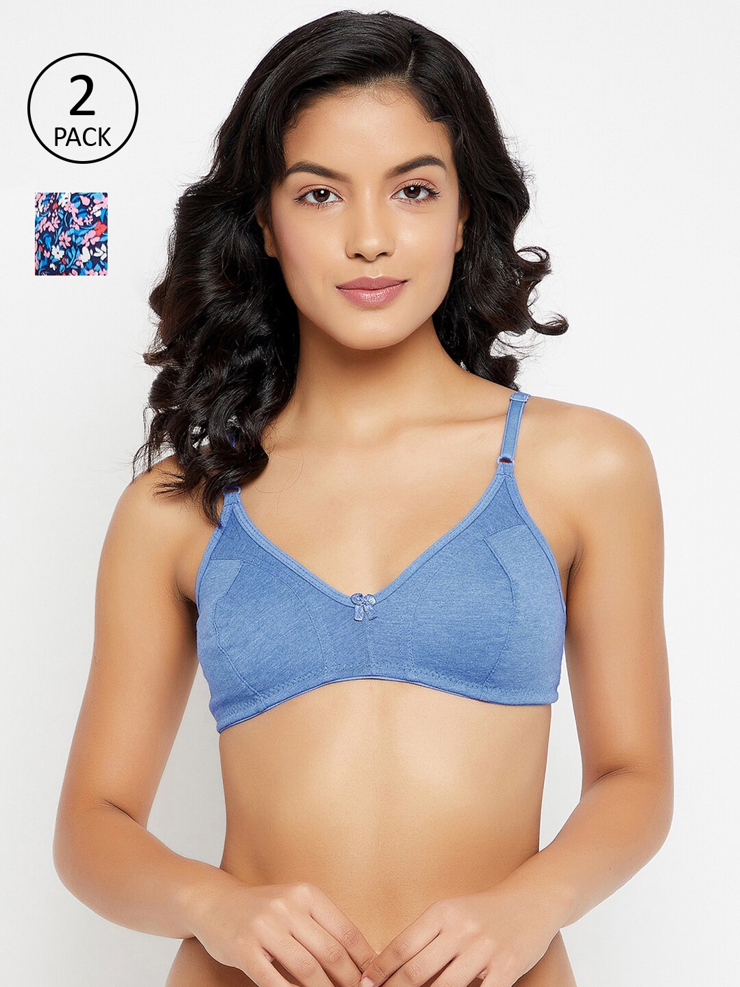 Clovia Pack of 2 Blue & Multicoloured All Day Comfort Cotton Bra