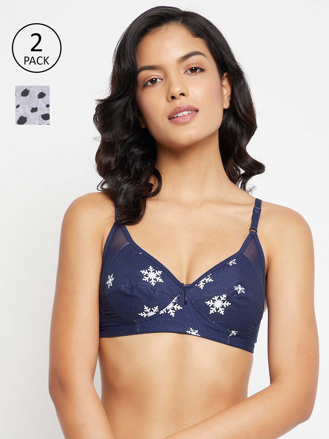 Clovia Pack of 2 Blue & Grey Printed Knitted Cotton Bra