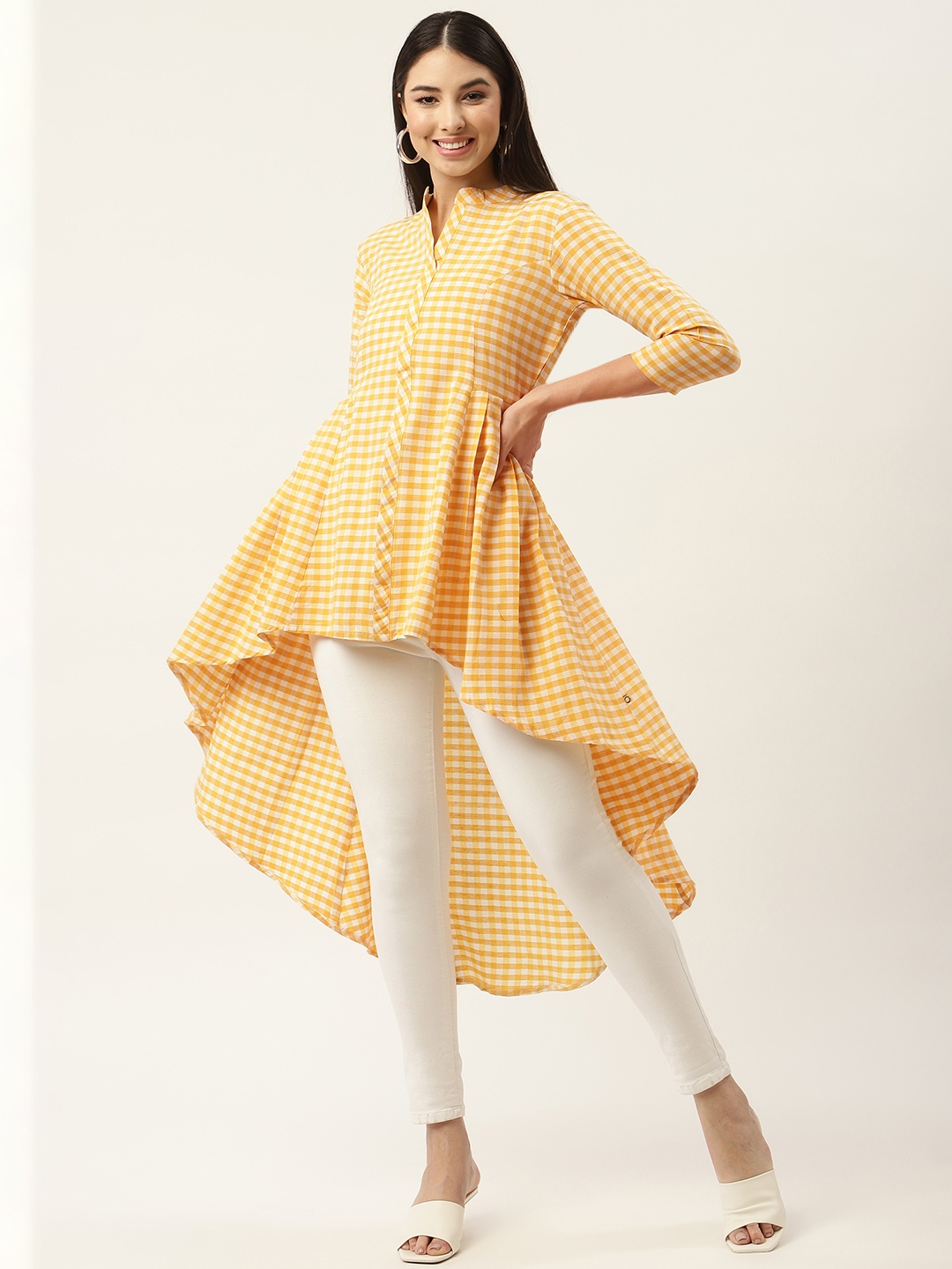 

FABNEST Yellow & White Mandarin Collar Checked High-Low Tunic