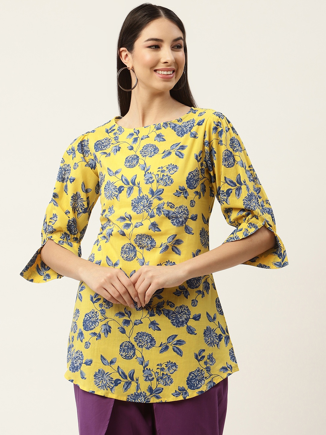 

FABNEST Yellow & Blue Boat Neck Printed Tunic