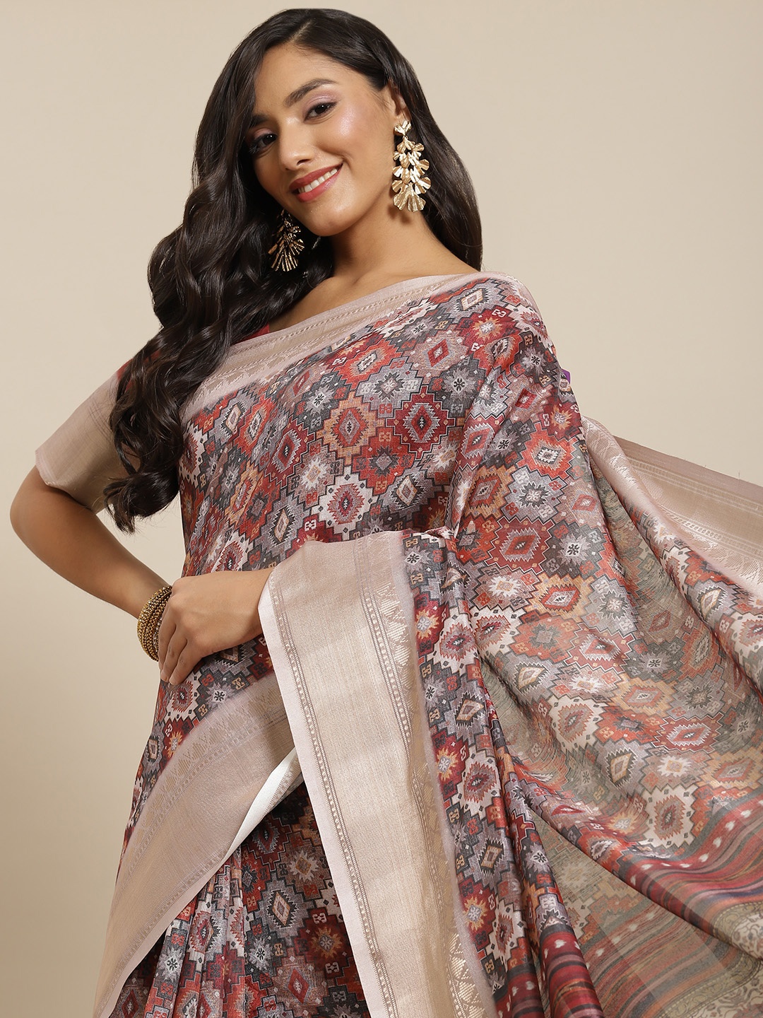 

SHUBHVASTRA Beige & Maroon Printed Saree