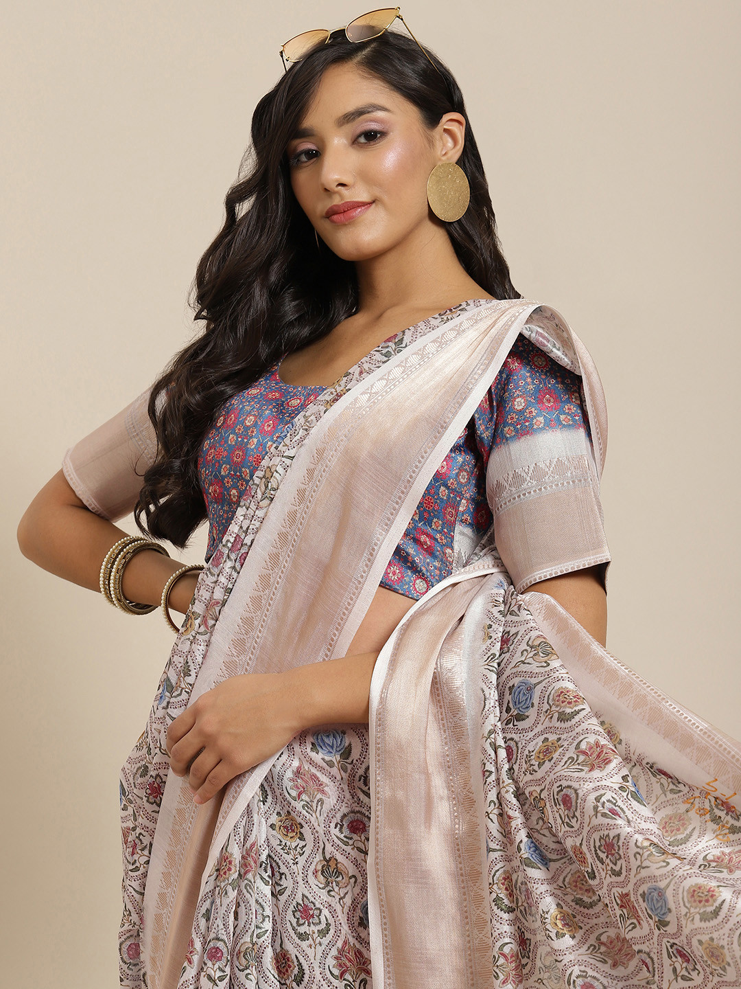

SHUBHVASTRA Cream-Coloured Ethnic Motifs Print Saree