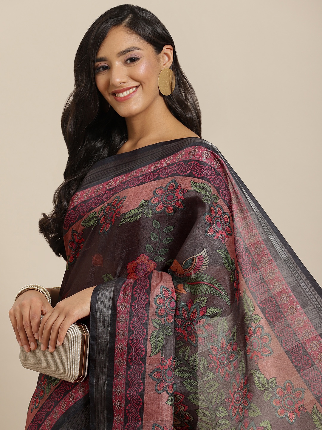 

SHUBHVASTRA Burgundy & Green Ethnic Motifs Saree