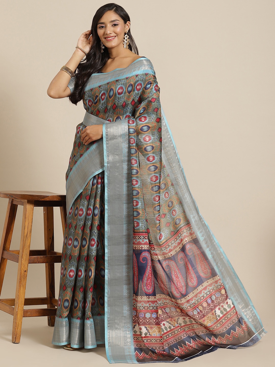 

SHUBHVASTRA Green & Grey Ethnic Motifs Printed Saree