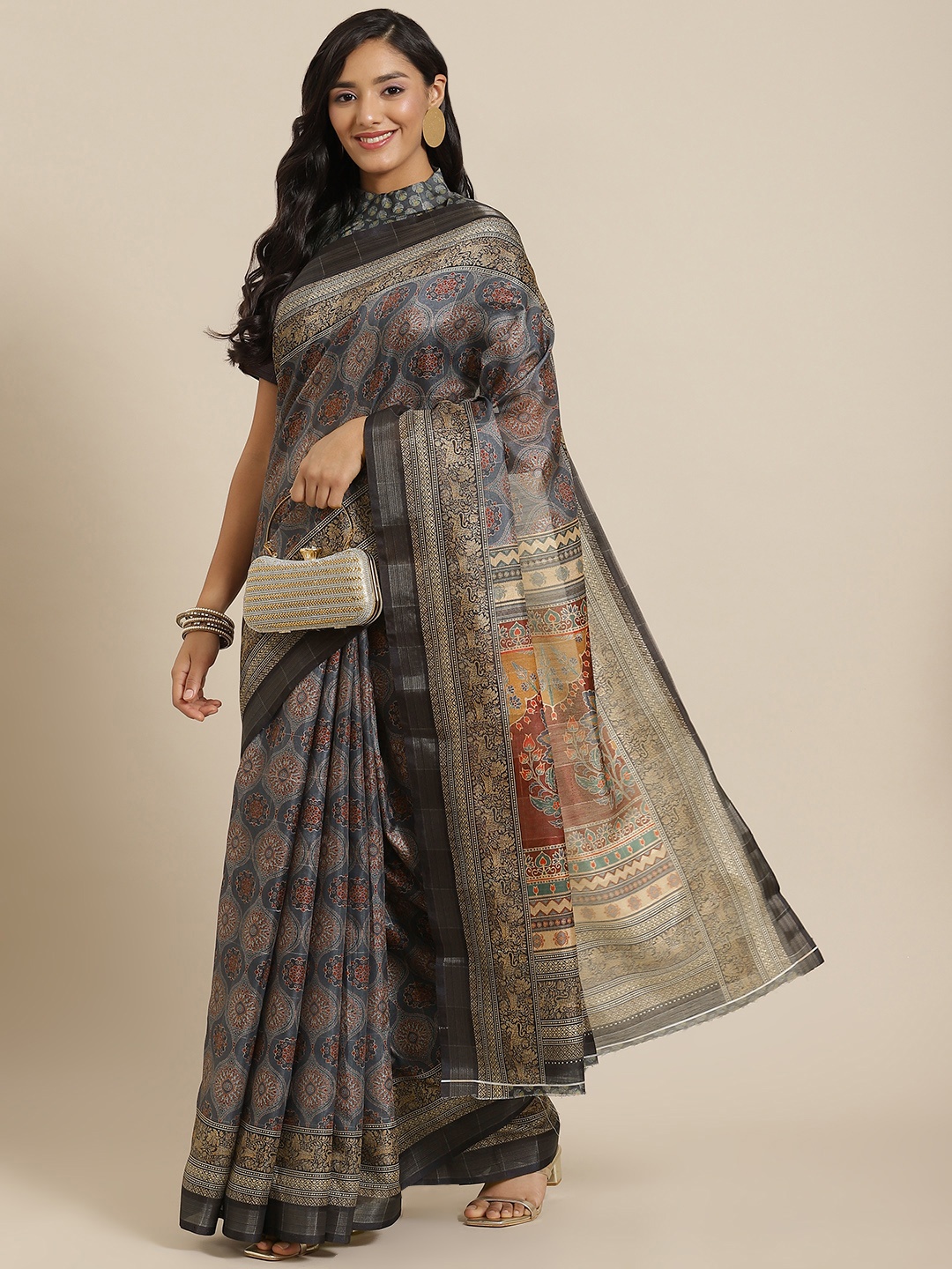 

SHUBHVASTRA Grey & Maroon Ethnic Motifs Saree