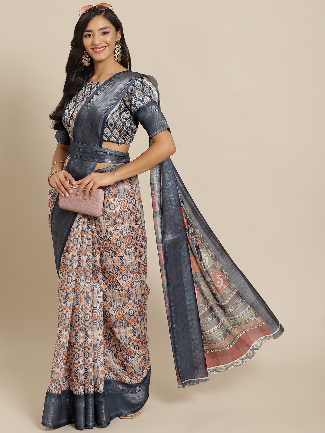 

SHUBHVASTRA Navy Blue & Off White Ethnic Motifs Saree