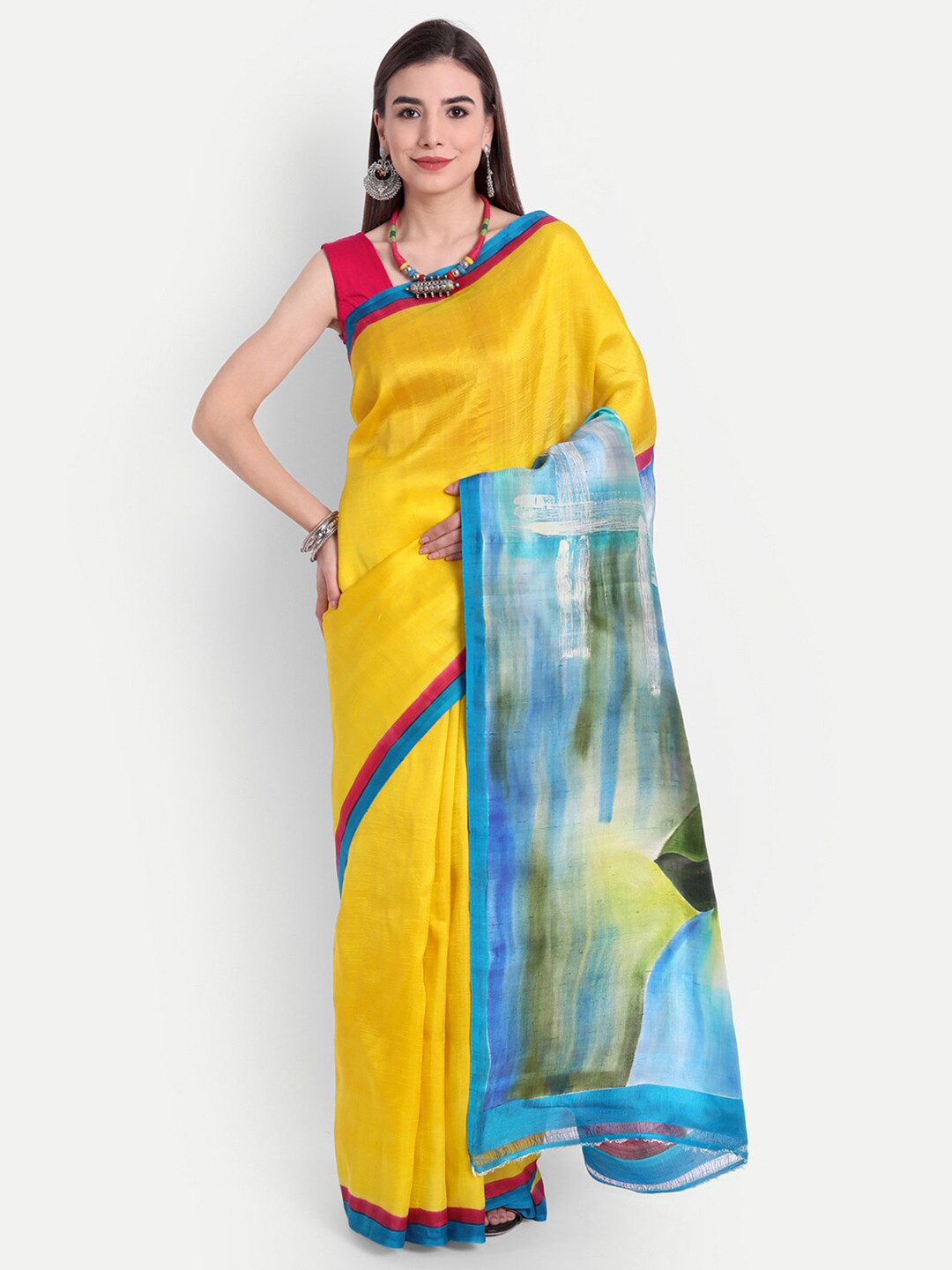 

Fibre World Yellow & Blue Ethnic Motifs Pure Silk Murshidabad silk Saree