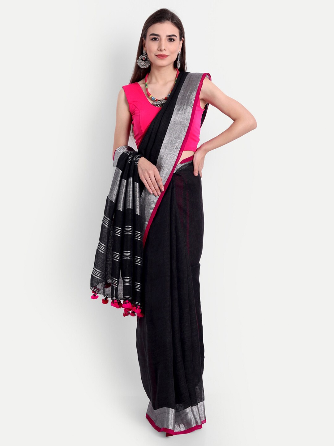

Fibre World Black & Silver-Toned Pure Linen Bhagalpuri Saree