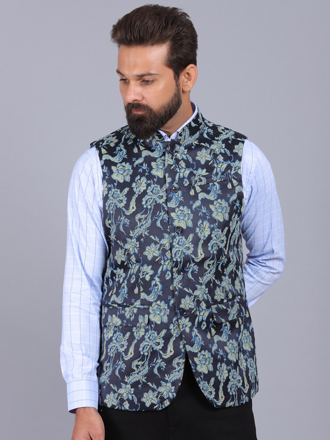 

CANOE Men Blue Floral Printed Formal Waist Coat
