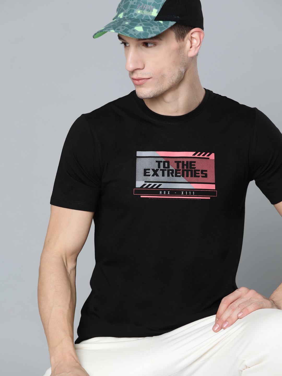 

HRX By Hrithik Roshan Lifestyle Men Jet Black Bio-Wash Brand Carrier T-shirt