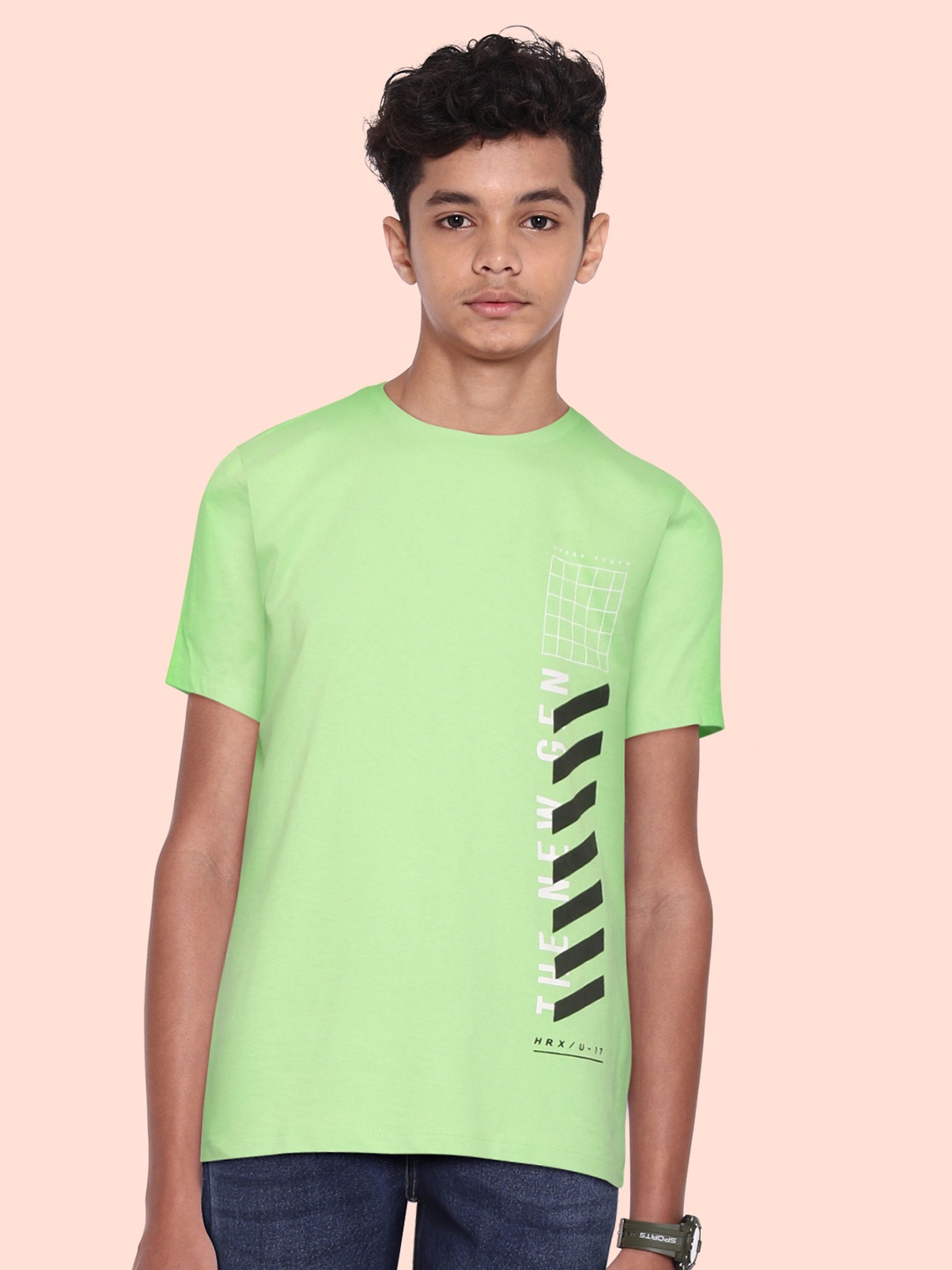 

HRX By Hrithik Roshan Lifestyle U-17 Boys Green Ash Bio-Wash Brand Carrier Tshirt