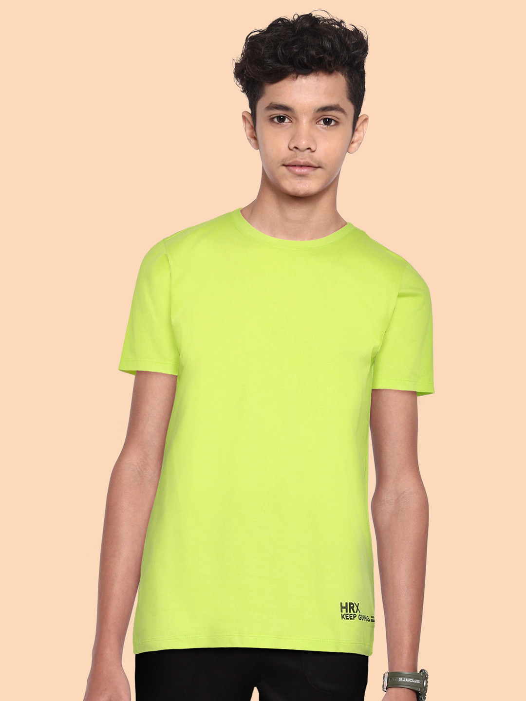 

HRX By Hrithik Roshan Lifestyle U-17 Boys Neon Lime Bio-Wash Brand Carrier Tshirts, Fluorescent green