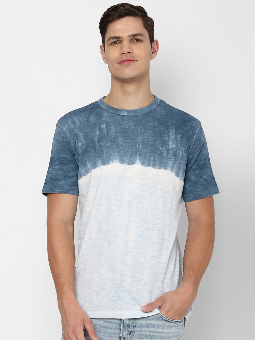 

AMERICAN EAGLE OUTFITTERS Men Blue & White Tie and Dye 100% Cotton T-shirt