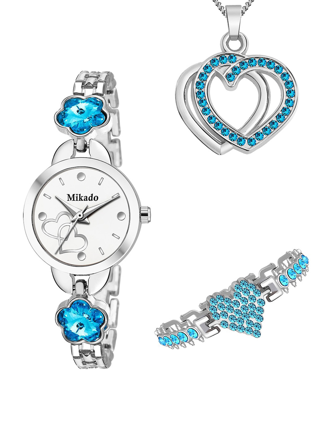 

Mikado Women White Brass Embellished Dial & Silver Toned Stainless Steel Watch Gift Set, Blue
