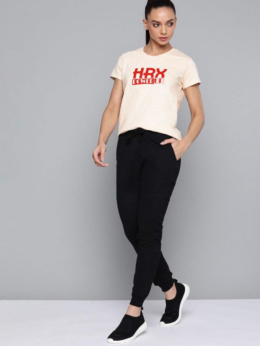

HRX By Hrithik Roshan Lifestyle Women Oatmeal Bio-Wash Brand Carrier Tshirts, Cream