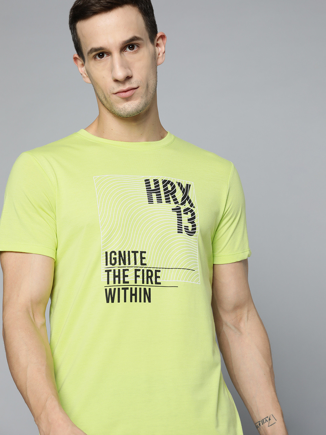

HRX By Hrithik Roshan Lifestyle Men Lime Green Bio-Wash Brand Carrier T-Shirts