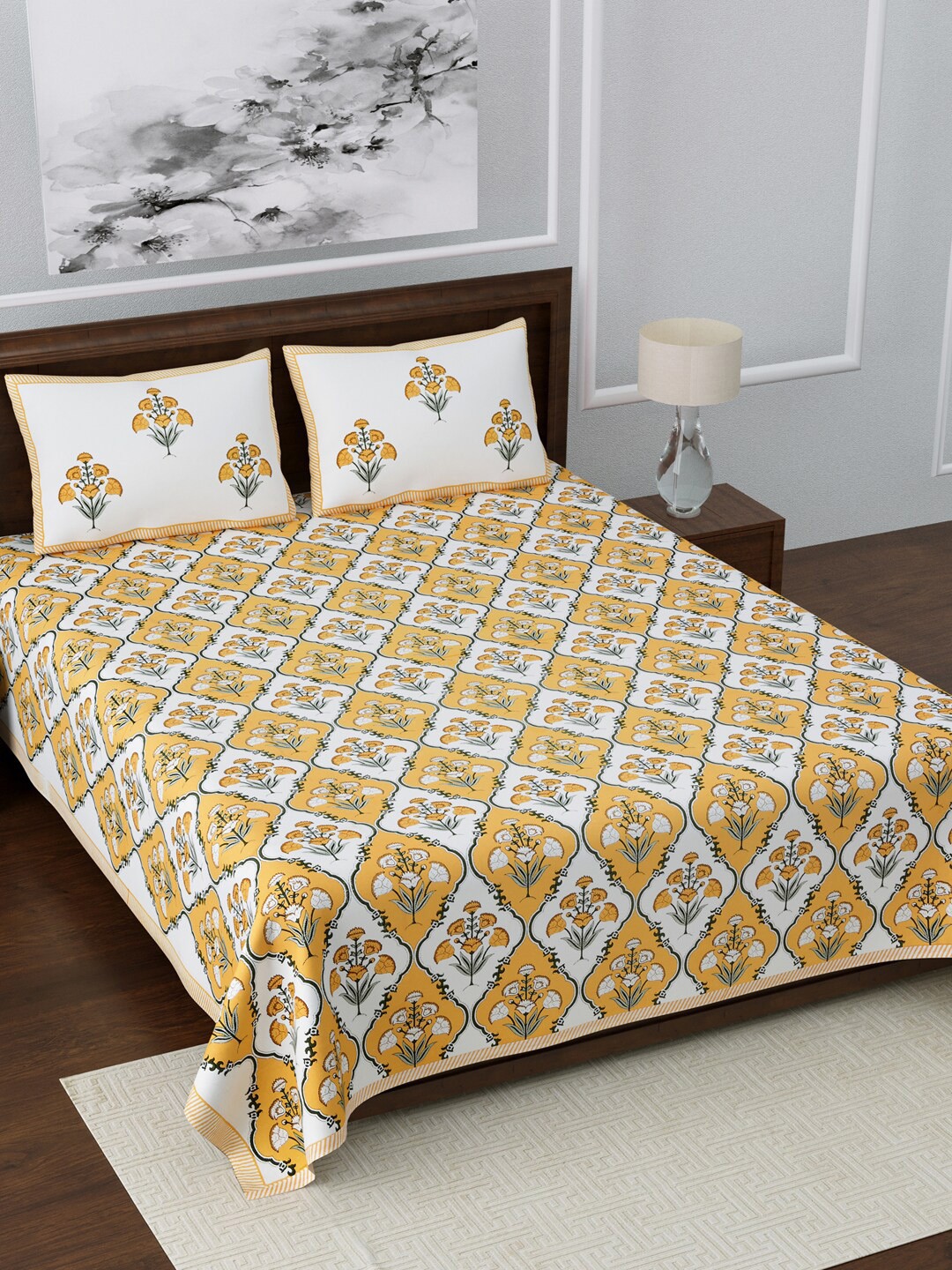 

LIVING ROOTS Grey & Mustard Ethnic Motifs 140 TC King Bedsheet with 2 Pillow Covers