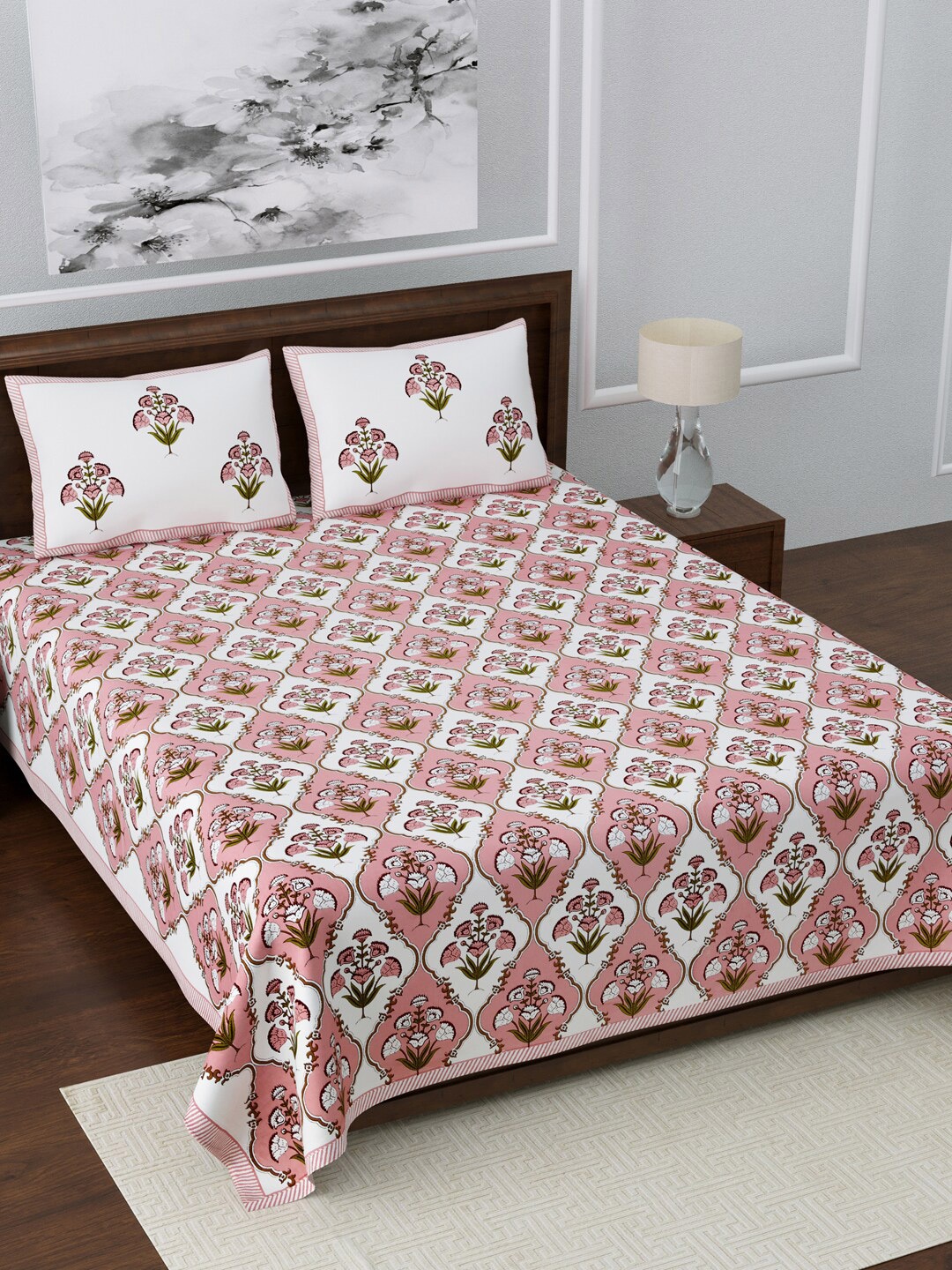 

LIVING ROOTS Pink & White Ethnic Motifs 140 TC King Bedsheet with 2 Pillow Covers