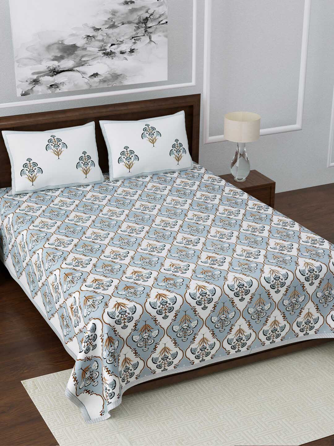 

LIVING ROOTS White & Blue Ethnic Motifs 140 TC King Bedsheet with 2 Pillow Covers
