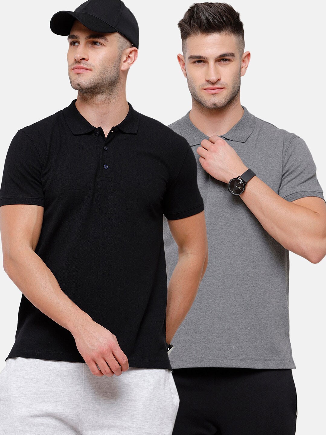 

MADSTO Pack of 2 Men Black & Grey Solid Cotton Polo Collar Slim Fit T-shirt