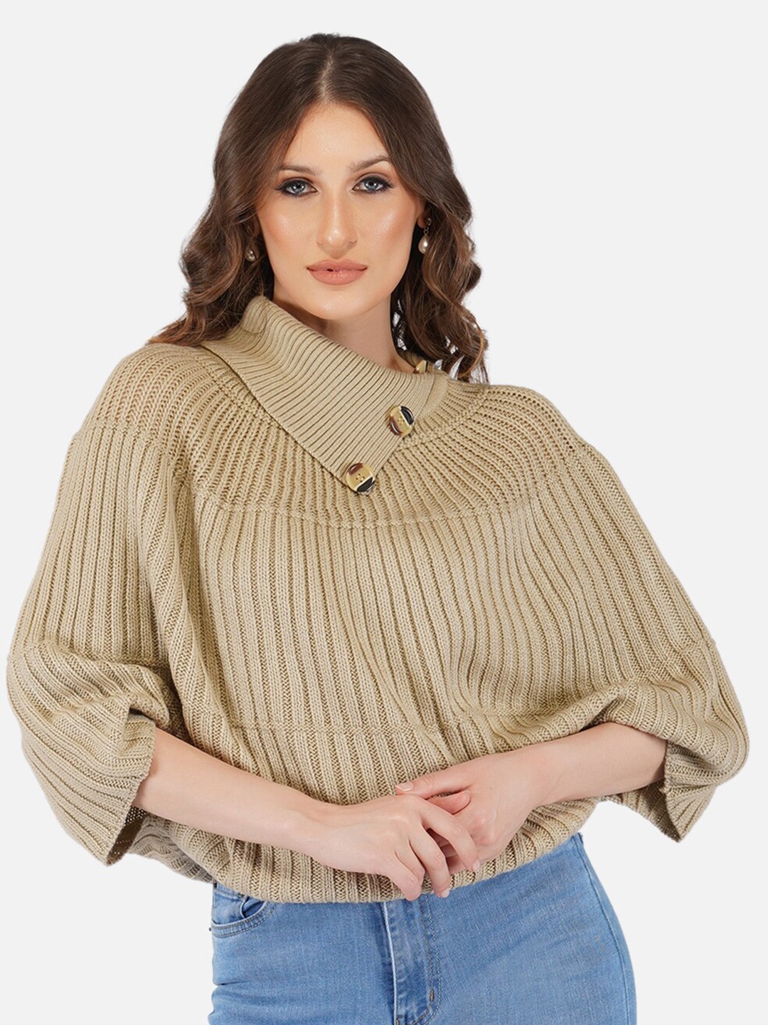 

JoE Hazel Women Beige Ribbed Poncho