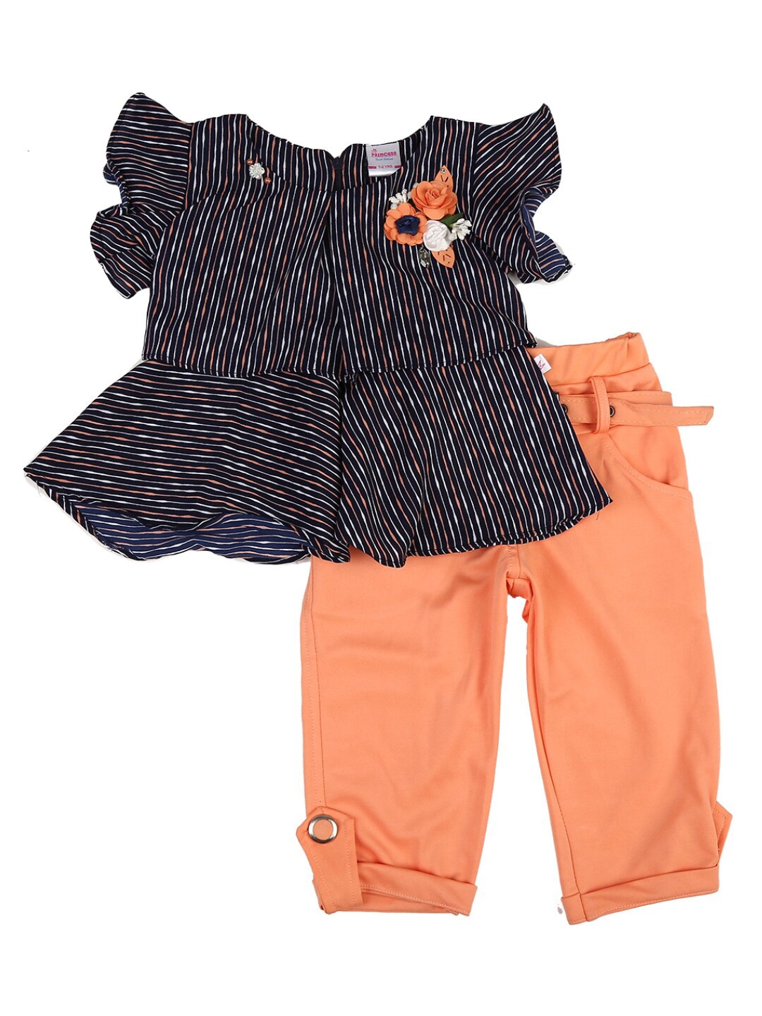 

V-Mart Unisex Kids Navy Blue & Peach-Coloured Striped Top with Capris