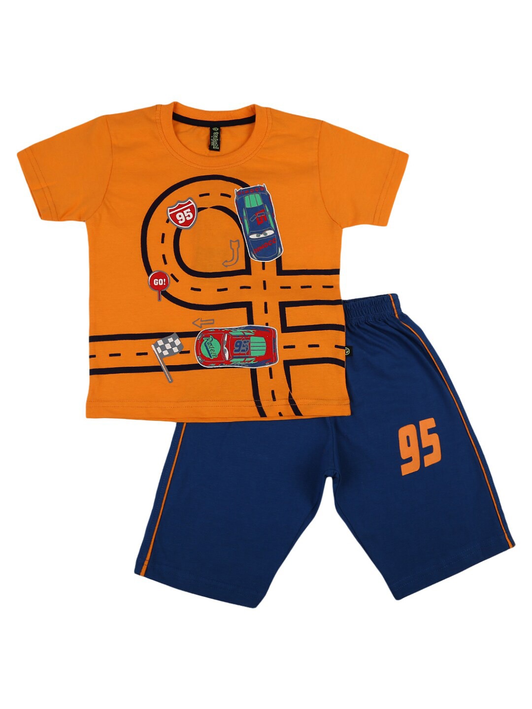 

V-Mart Unisex Kids Orange & Navy Blue Printed T-shirt with Shorts