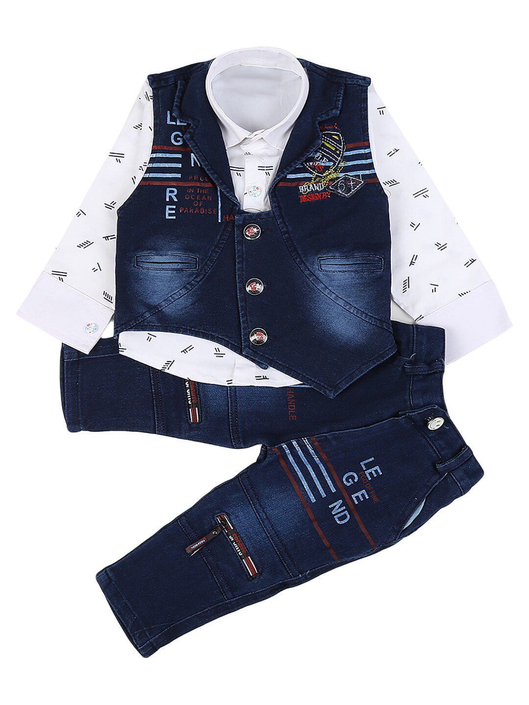 

V-Mart Infants White & Blue Printed Shirt with Jeans & Waistcoat