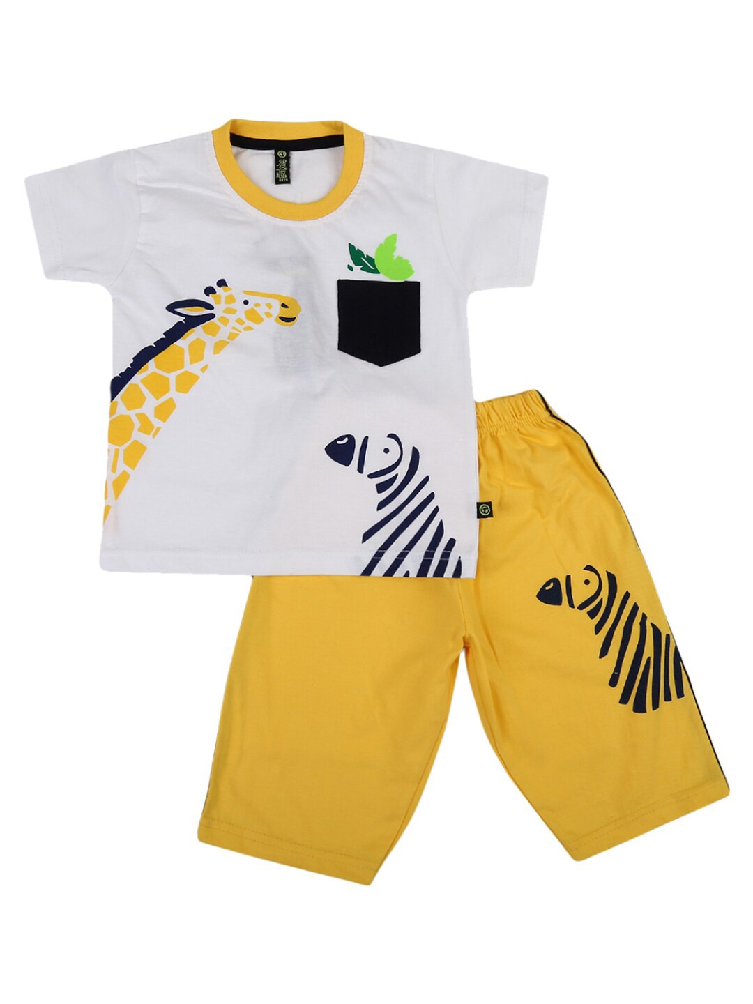 V-Mart Unisex Kids White & Yellow Printed T-shirt with Shorts