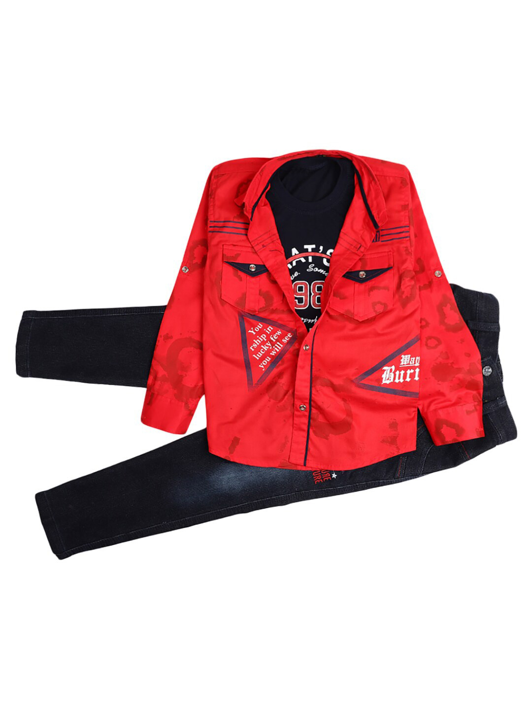 

V-Mart Boys Red Printed Pure Cotton Shirt with Trousers