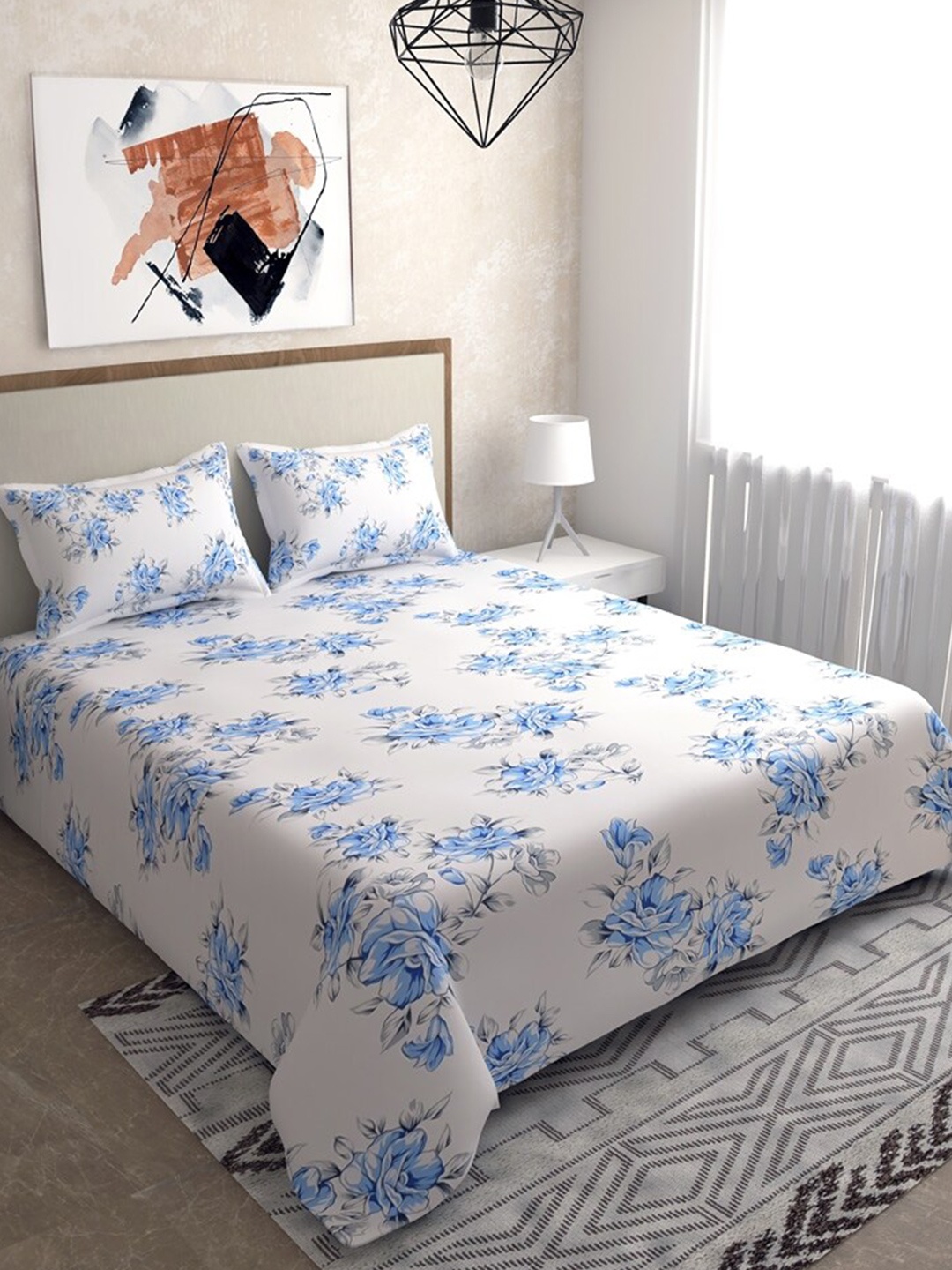 

Salona Bichona Blue & White Floral 104 TC Queen Bedsheet with 2 Pillow Covers