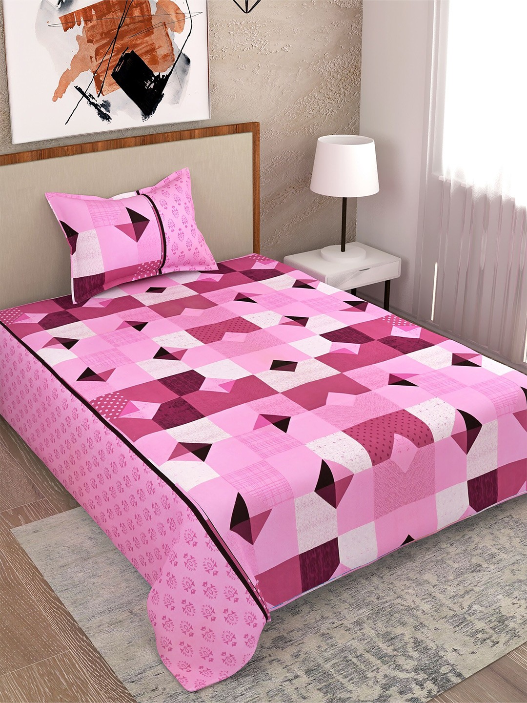 

Salona Bichona Pink & White 104 TC Single Bedsheet with 1 Pillow Covers