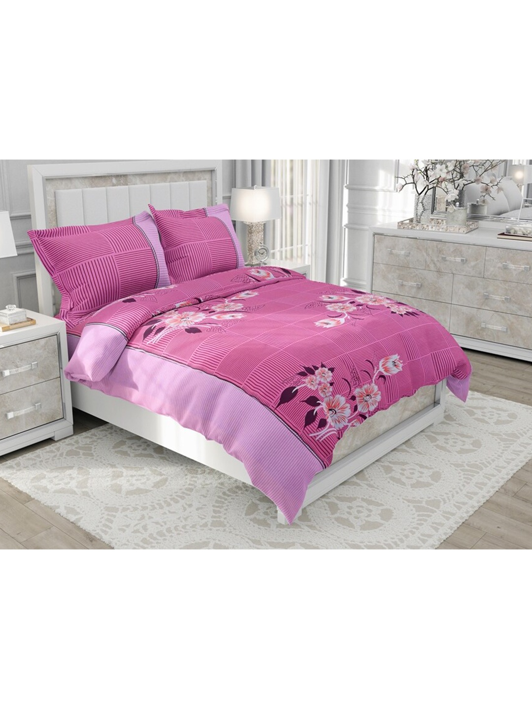 

Salona Bichona Pink & White Floral 104 TC Queen Bedsheet with 2 Pillow Covers